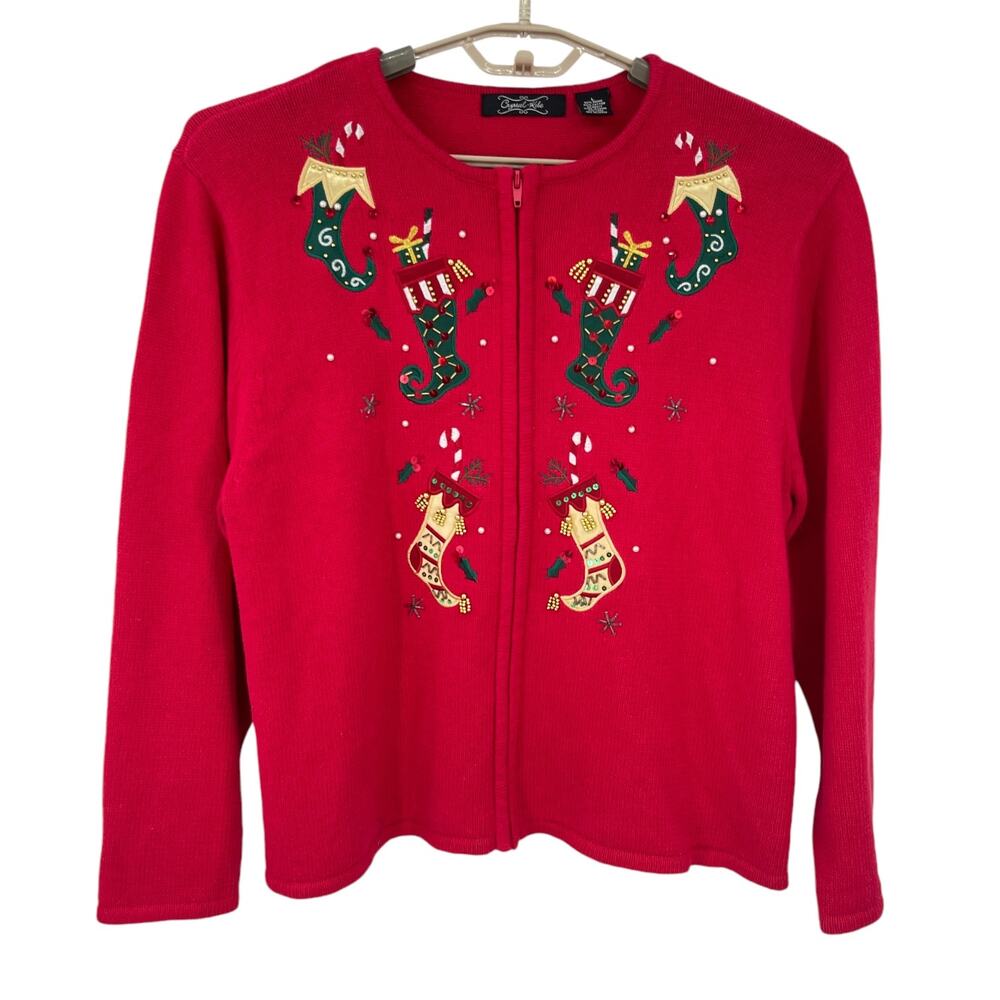 Crystal Kobe Vintage Christmas Stocking Cardigan Zip Sweater Bling Size Large